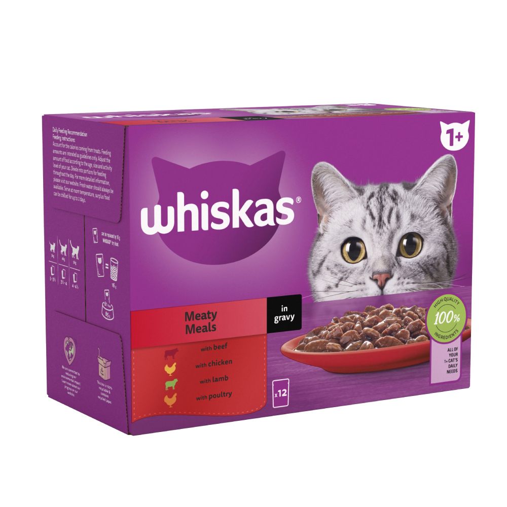 Whiskas Wet 1+ Adult Cat Food Meaty Meals in Gravy With Beef