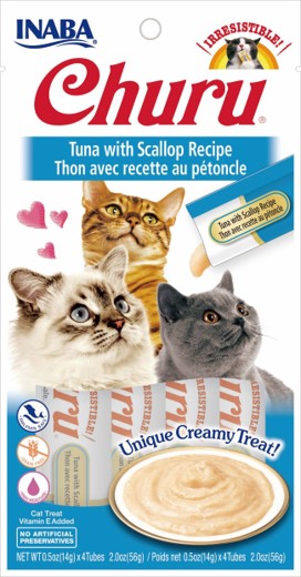 INABA Churu Creamy  Lickable Purée Cat Treat W Taurine  0.5 Oz  4 Tubes  Tuna with Scallop Recipe