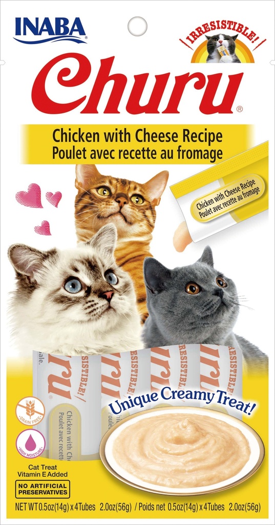 INABA Churu Creamy  Lickable Purée Cat Treat W Taurine  0.5 Oz  4 Tubes  Chicken with Cheese Recipe