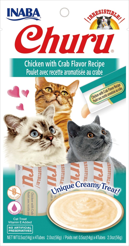 INABA Churu Creamy  Lickable Purée Cat Treat W Taurine  0.5 Oz  4 Tubes  Chicken with Crab Recipe