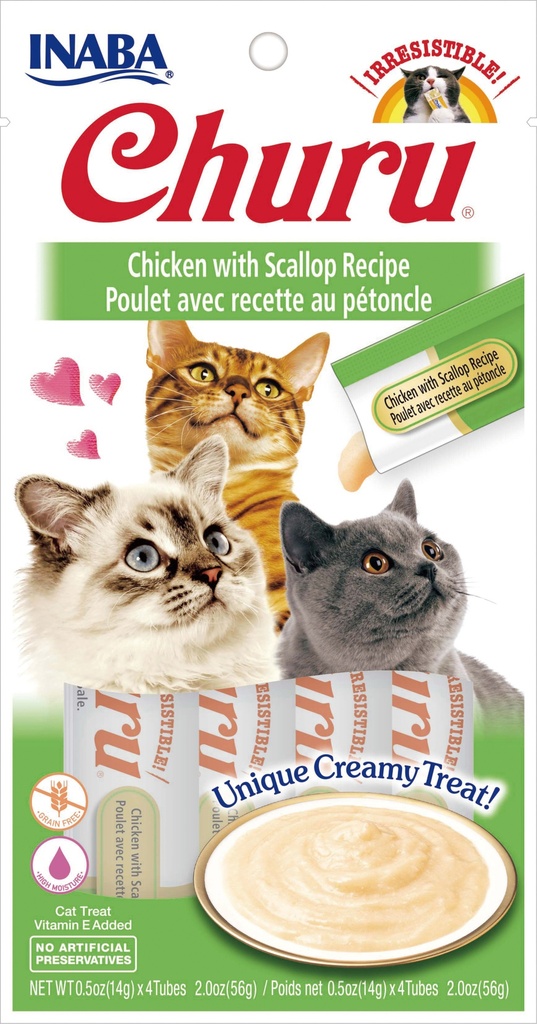 Inaba Churu Grain-Free Chicken with Scallop Puree Lickable Cat Treat, 0.5-oz Tube, Pack of 4