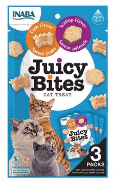 INABA Juicy Bites Grain-Free  Soft  Moist  Chewy Cat Treats with Vitamin E and Green Tea Extract  0.4 Ounces per Pouch  3 Pouches  Scallop and Crab