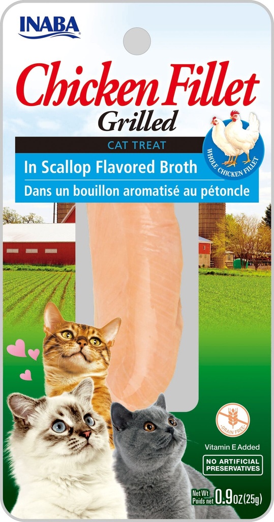 INABA Natural  Premium Hand-Cut Grilled Chicken Fillet Cat Treats/Topper/Complement with Vitamin E and Green Tea Extract  0.9 Ounces Each  Scallop Bro