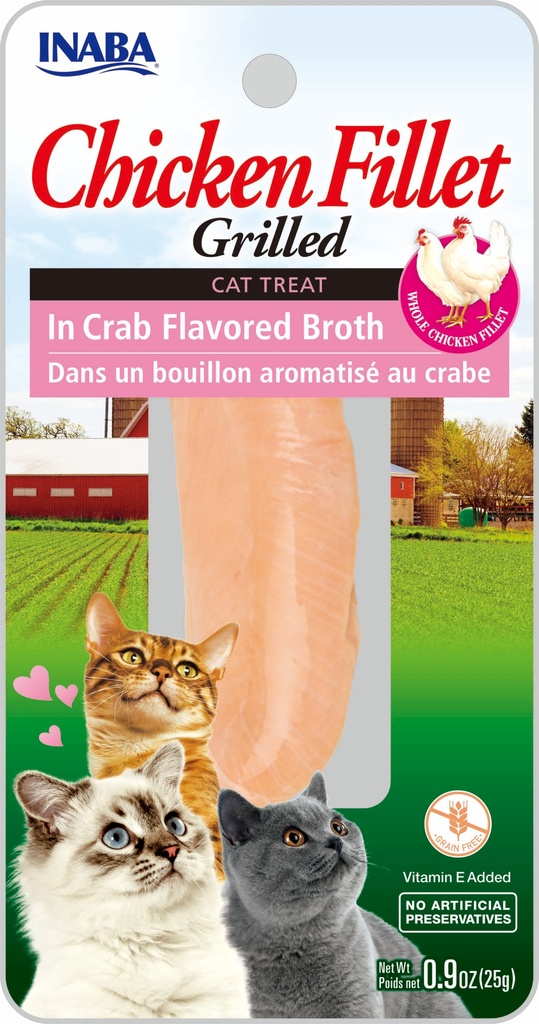 INABA Premium Hand-Cut Grilled Chicken Fillet Cat Treats W Vitamin E  0.9 Oz  Crab Broth