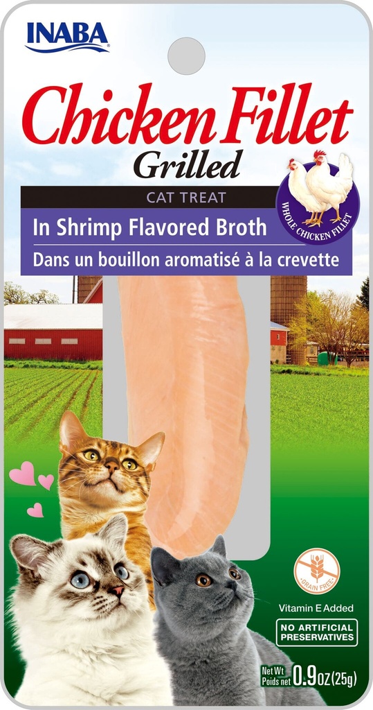 INABA Natural  Premium Hand-Cut Grilled Chicken Fillet Cat Treats/Topper/Complement with Vitamin E and Green Tea Extract  0.9 Ounces Each  Shrimp Brot